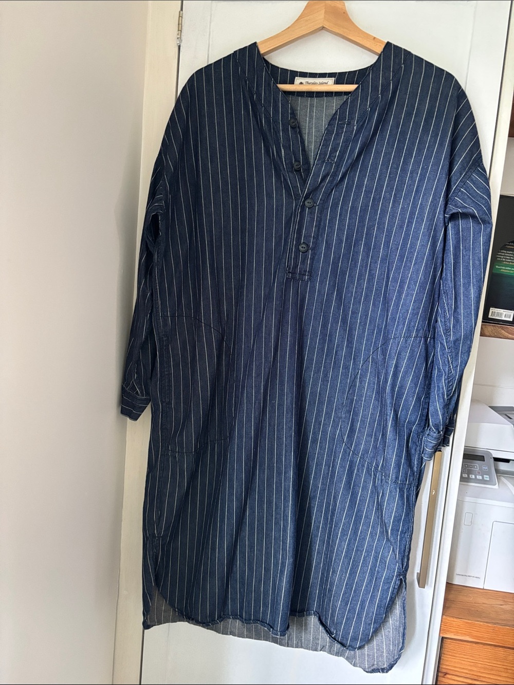 Women's Navy Pinstripe Button-Front Tunic Shirt